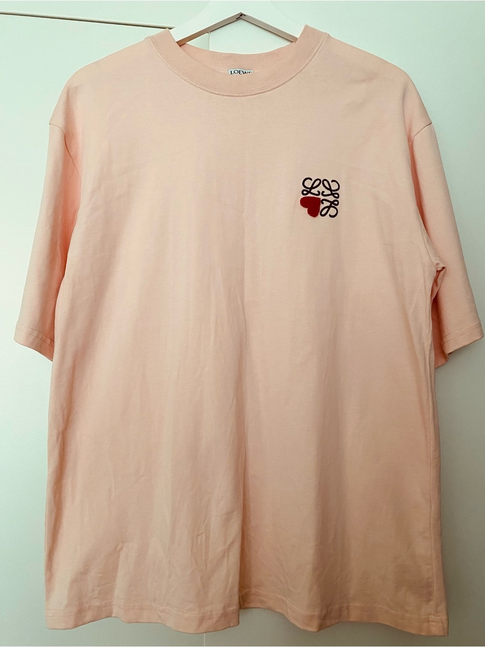 Loewe Light Pink Short-Sleeve Cotton Tee with Red Heart Logo
